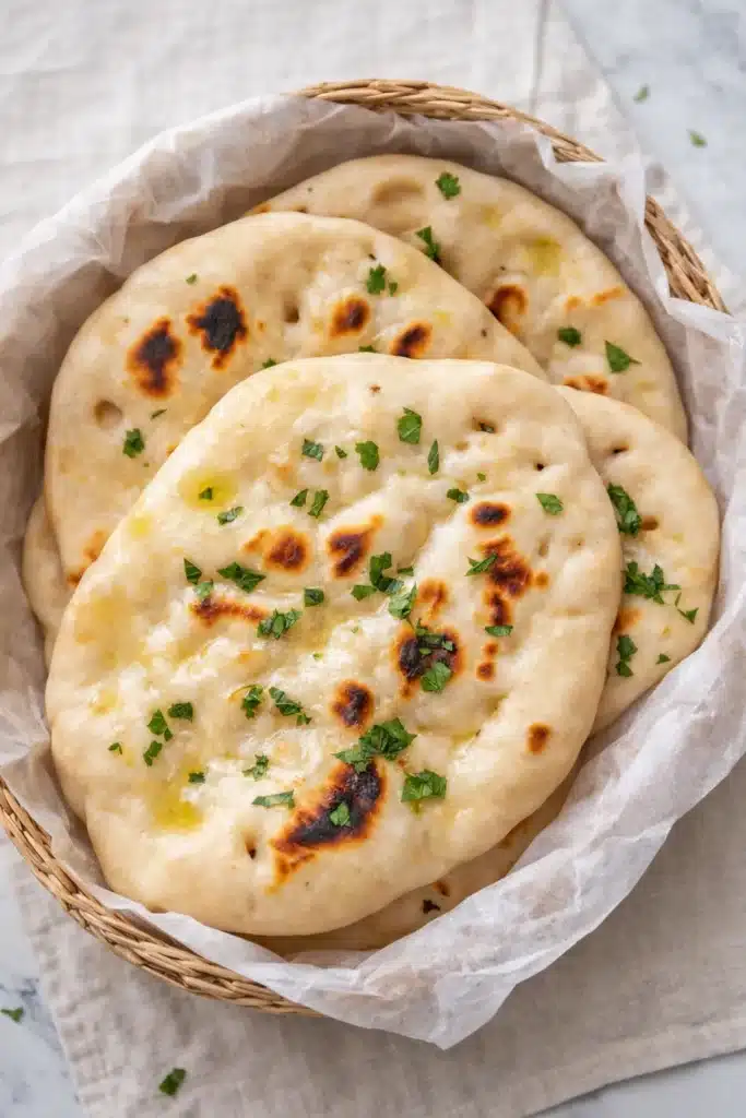 Basket of soft Greek yogurt naan with golden brown spots and herbs