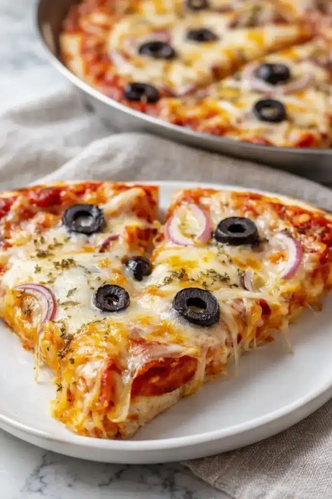 Greek yogurt pizza slices with melted cheese, olives, and red onion on white plate
