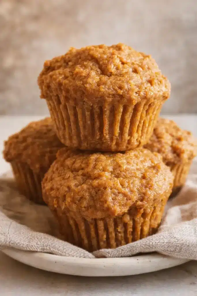 Stack of Greek yogurt pumpkin muffins on a plate with linen napkin