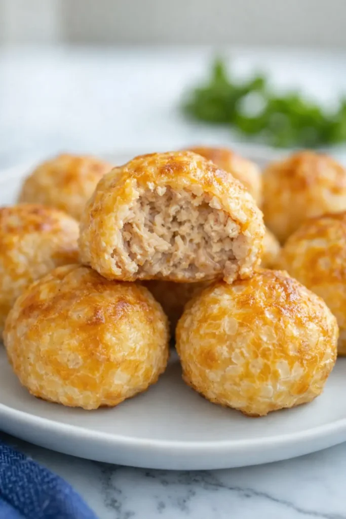 Juicy ground chicken meatballs on white plate with golden crust