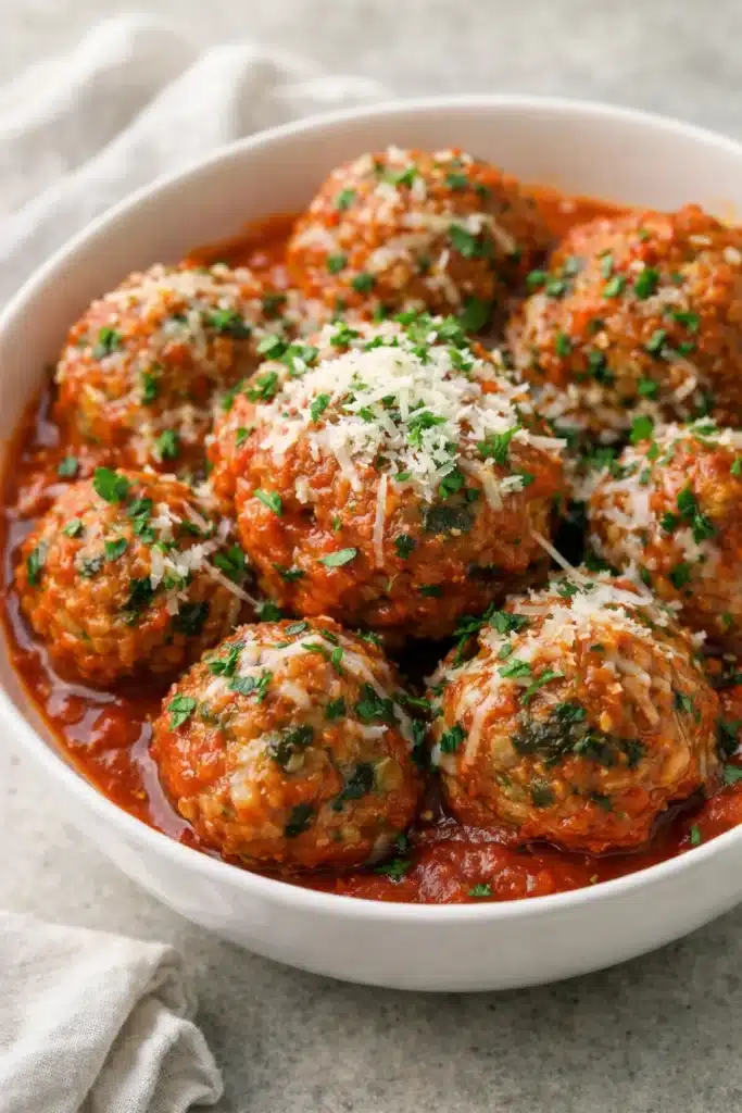Ground Turkey and Kale Meatballs | Simple, Juicy & Healthy 6 Ground turkey and kale meatballs with marinara sauce in a white bowl