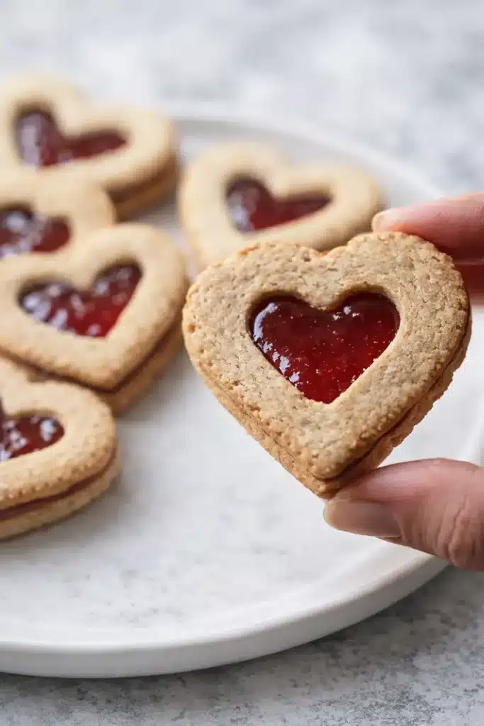 Hand holding heart-shaped Linzer cookie with raspberry jam on white plate