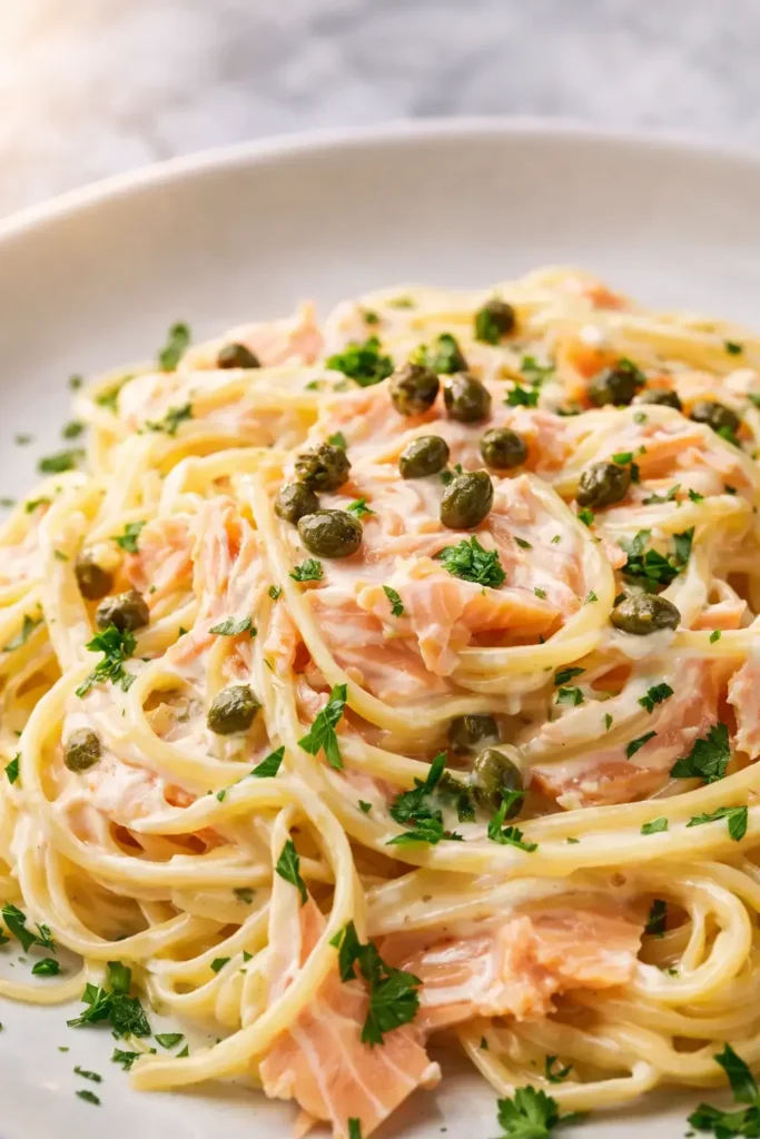  Creamy smoked salmon linguine with capers and parsley on white plate