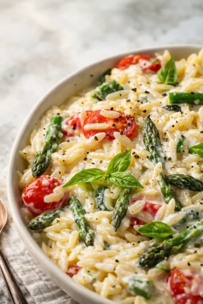 Healthy Baked Feta Orzo | Quick & Delicious Dinner Idea 5 Healthy baked feta orzo with asparagus, tomatoes, and basil in creamy sauce