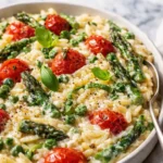 Healthy baked feta orzo with asparagus, tomatoes, and creamy sauce in a bowl