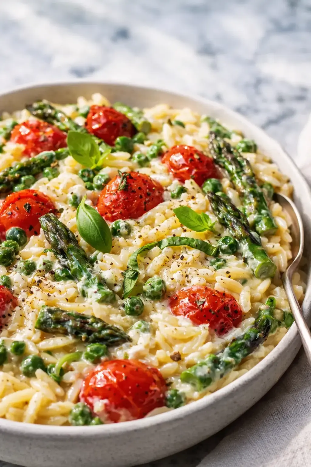 Healthy baked feta orzo with asparagus, tomatoes, and creamy sauce in a bowl