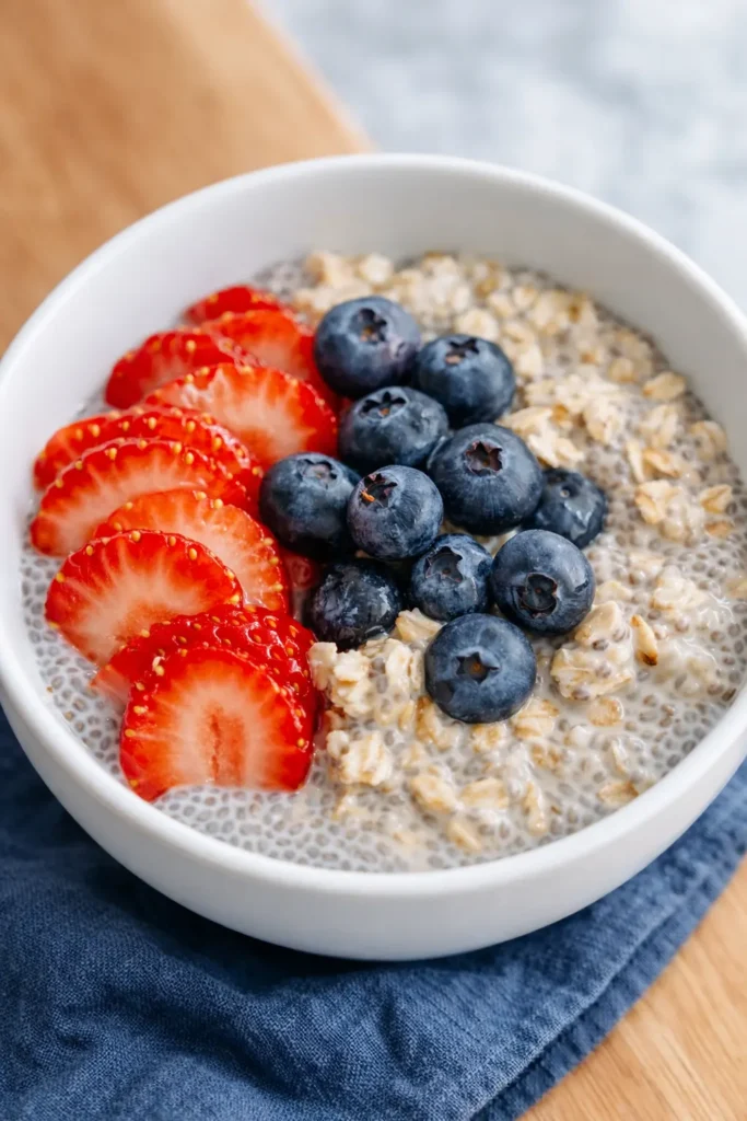 Healthy Overnight Oats and Chia Seed Pudding Recipe 5 Healthy overnight oats and chia seed pudding topped with strawberries and blueberries on blue napkin