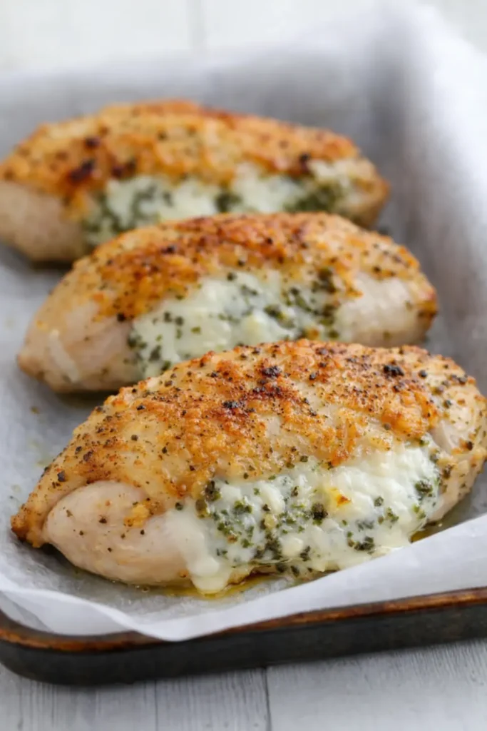 Golden baked pesto stuffed chicken breasts with melted cheese
