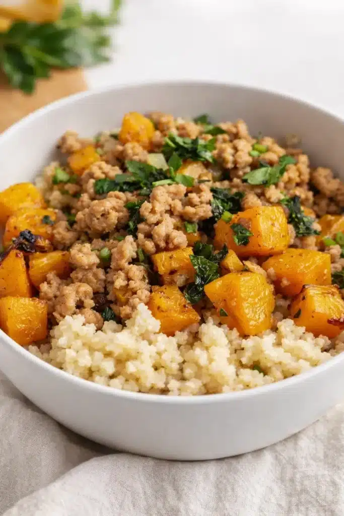 Healthy roasted butternut squash with ground turkey and couscous in a white bowl on napkin