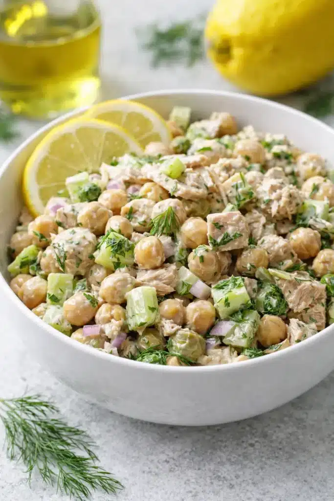 Healthy tuna garbanzo bean salad with lemon and dill in white bowl
