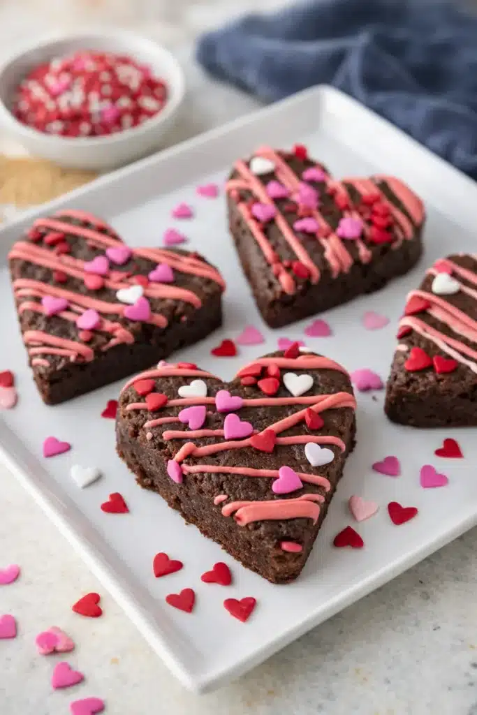Heart Shaped Brownies | Ultimate Fudgy Valentine Treat 5 Heart shaped brownies with pink icing and candy hearts on white plate