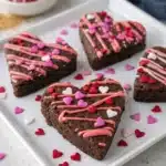 Heart shaped brownies with pink icing and candy hearts on white plate for Valentine’s Day