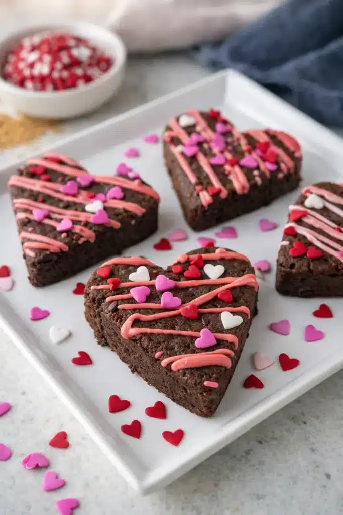 Heart Shaped Brownies | Ultimate Fudgy Valentine Treat 6 Heart shaped brownies with pink icing and candy hearts on white plate for Valentine’s Day