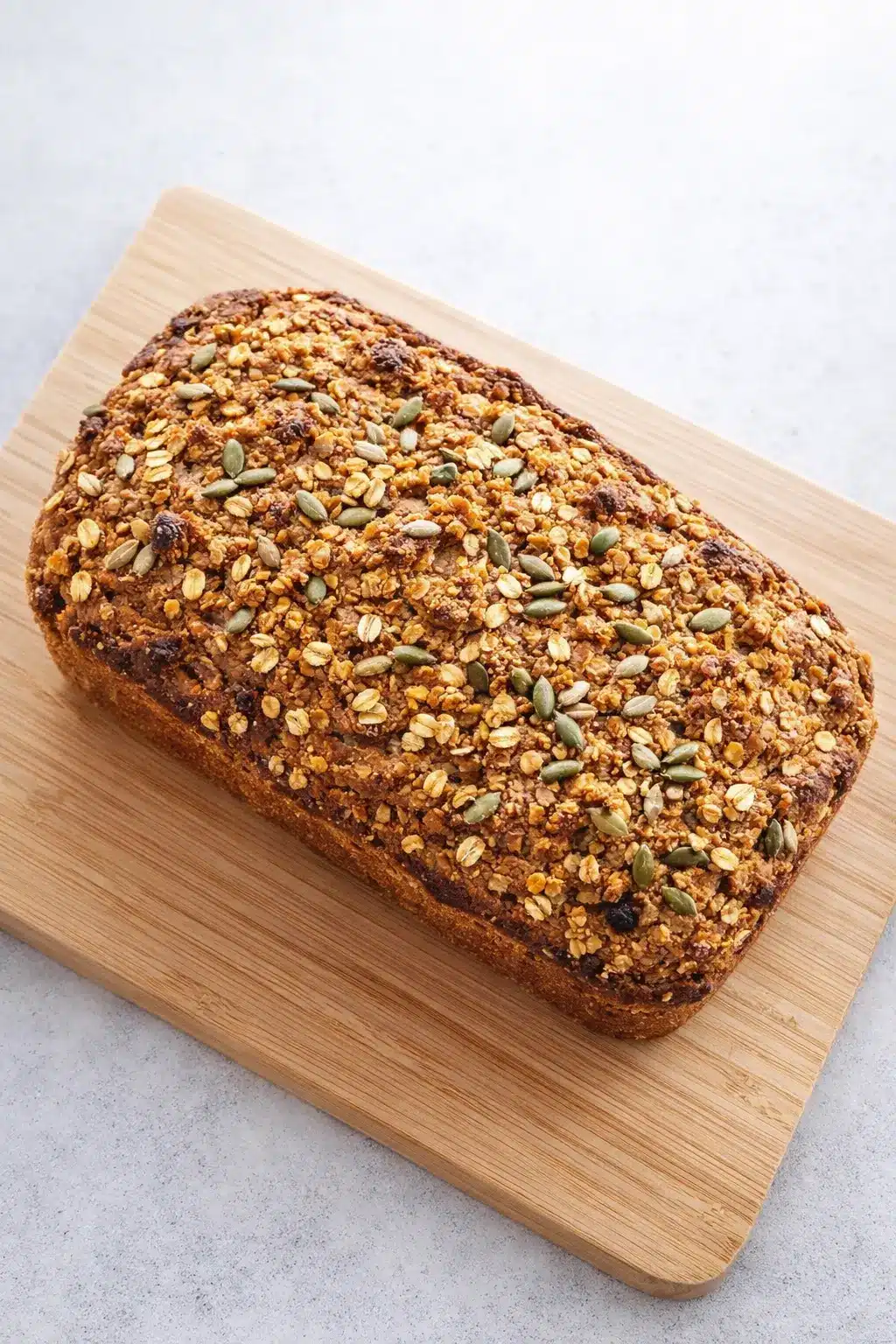 High protein cottage cheese oatmeal bread loaf on wooden board topped with oats and seeds