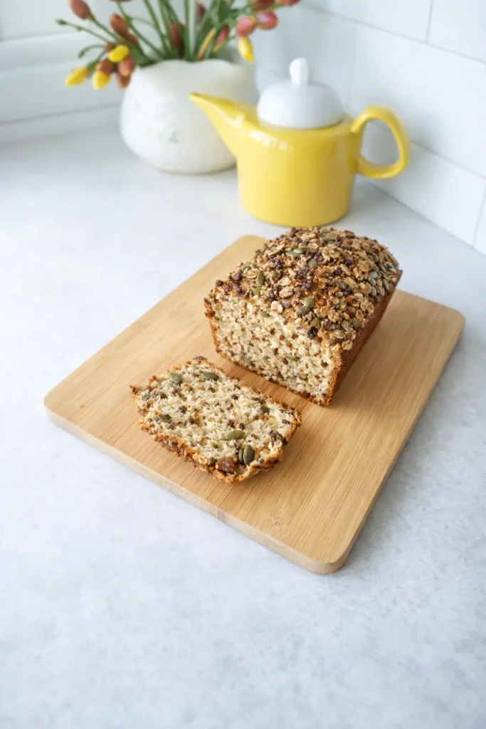 High protein cottage cheese oatmeal bread loaf with slice on cutting board in bright kitchen
