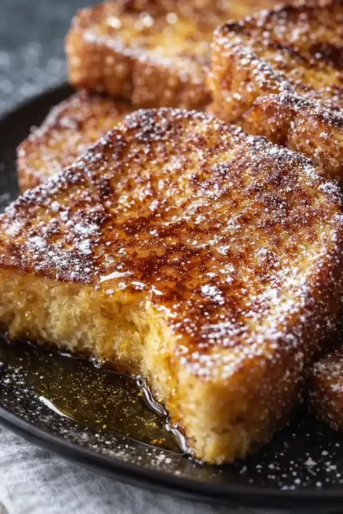 Golden-brown holiday eggnog French toast slice with syrup and crispy edges