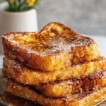 Golden-brown holiday eggnog French toast stack with syrup and powdered sugar