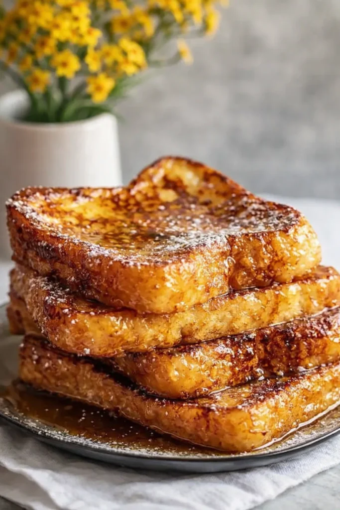 Golden-brown holiday eggnog French toast stack with syrup and powdered sugar
