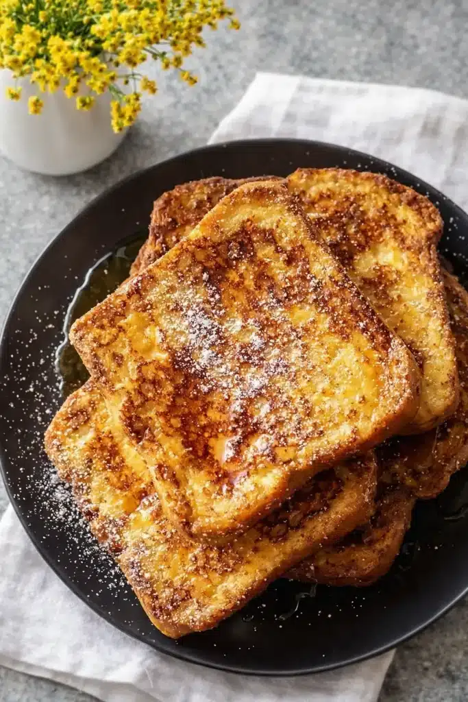 Golden-brown holiday eggnog French toast on black plate with syrup and powdered sugar