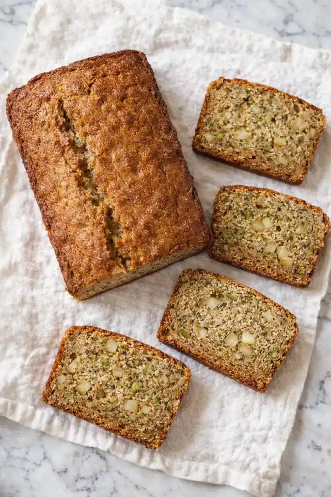 Whole loaf and sliced apple zucchini bread on white linen