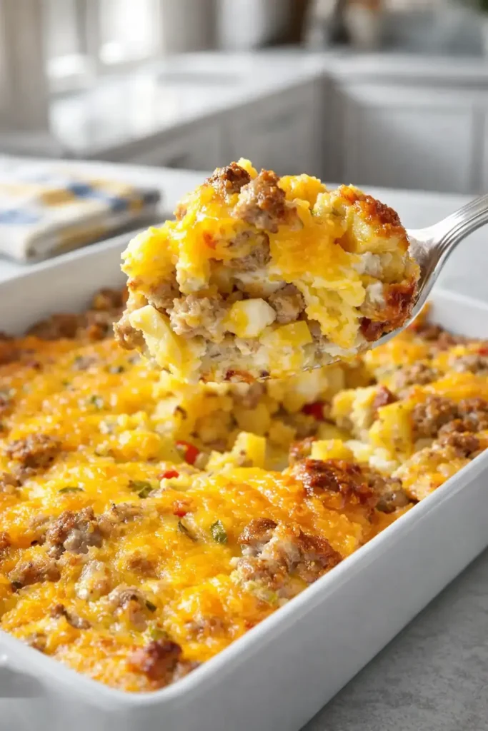 Homemade Breakfast Casserole | Simple, Hearty & Cheesy 5 Spoon lifting a serving of homemade breakfast casserole with melted cheese and sausage