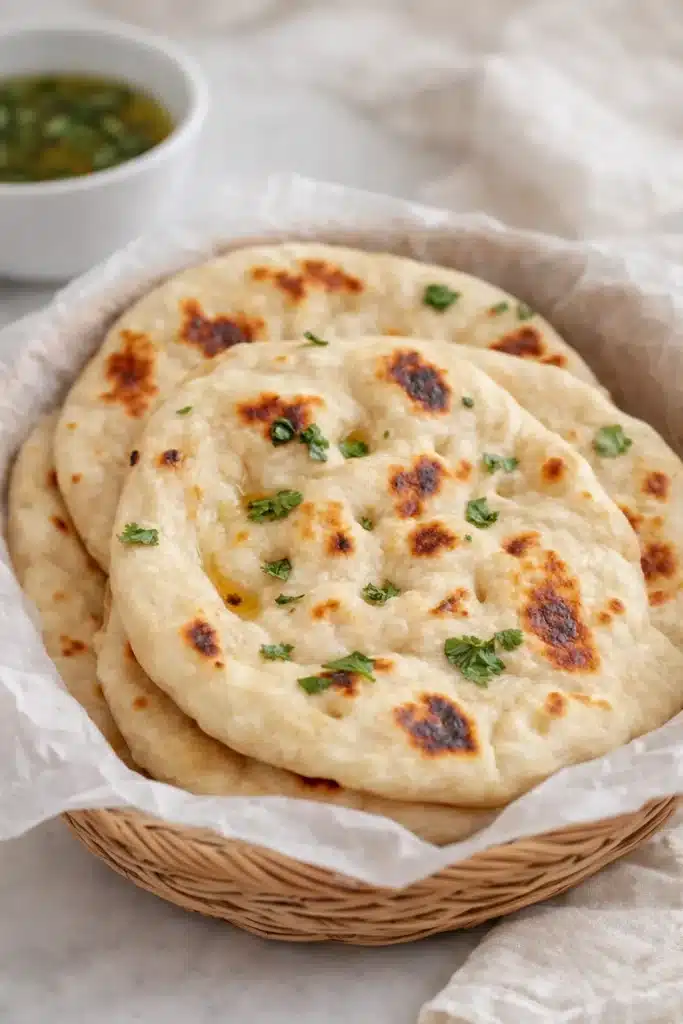 Basket of freshly cooked Greek yogurt naan with herbs and golden spots