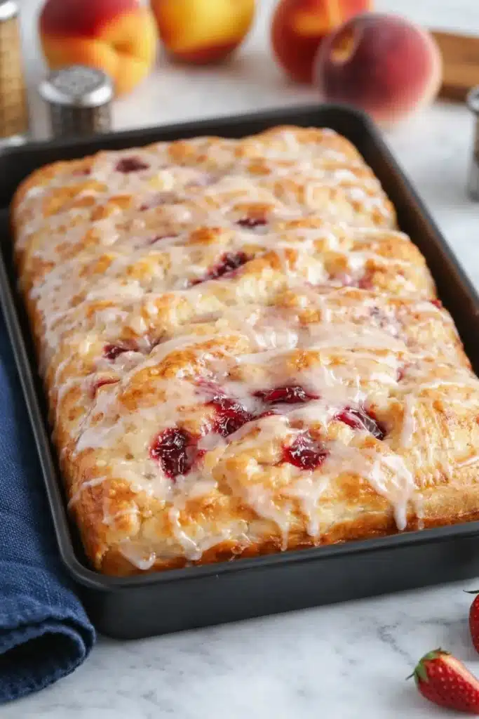 Golden homemade jam donut focaccia with raspberry jam and sugar glaze in pan