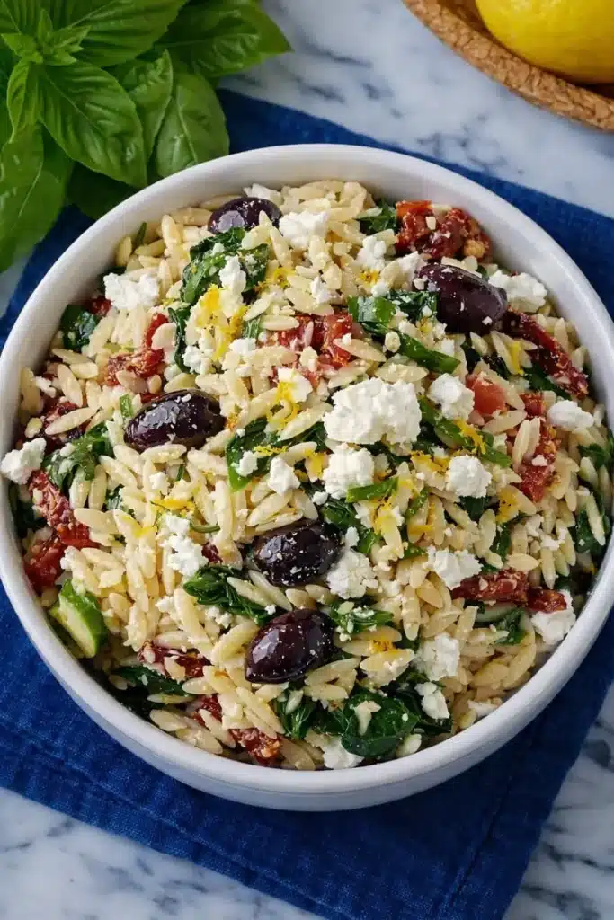Mediterranean orzo pasta salad with feta, sun-dried tomatoes, and olives in a white bowl