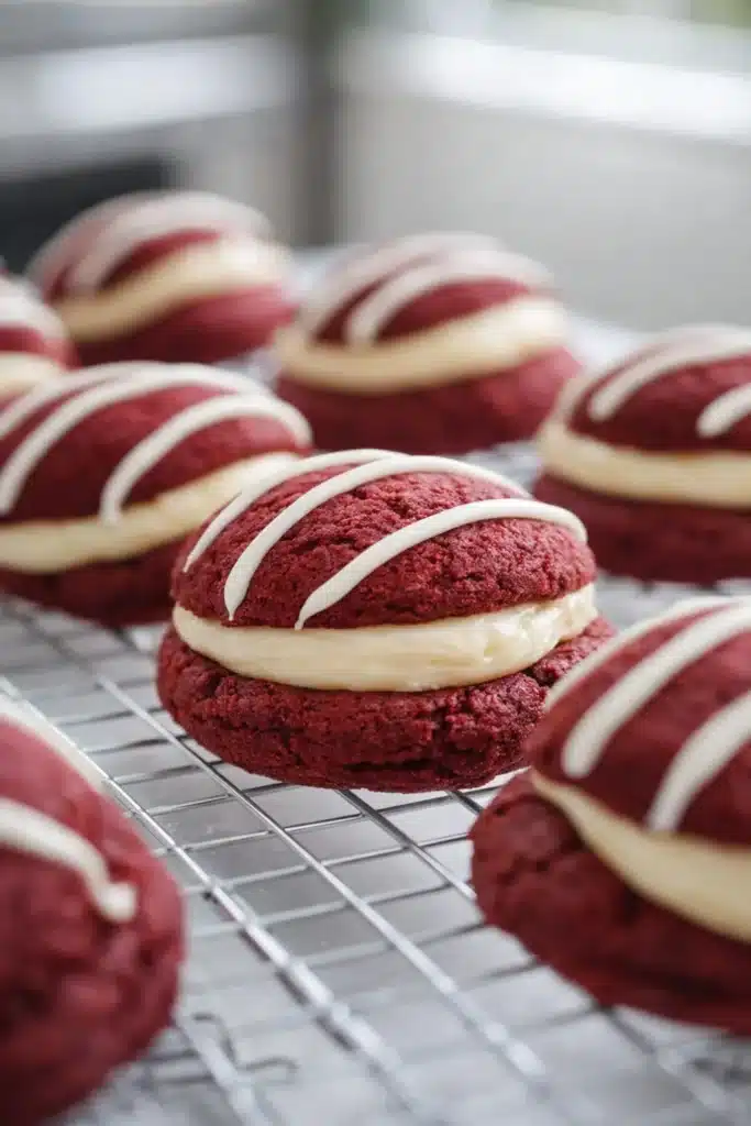 Homemade Red Velvet Whoopie Pies | Sweet Valentine’s Treats 6 Fresh red velvet whoopie pies cooling on wire rack with cream cheese filling