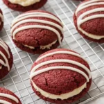 Homemade red velvet whoopie pies with cream cheese filling and white drizzle