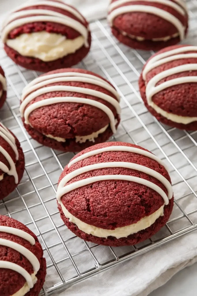Homemade red velvet whoopie pies with cream cheese filling and white drizzle