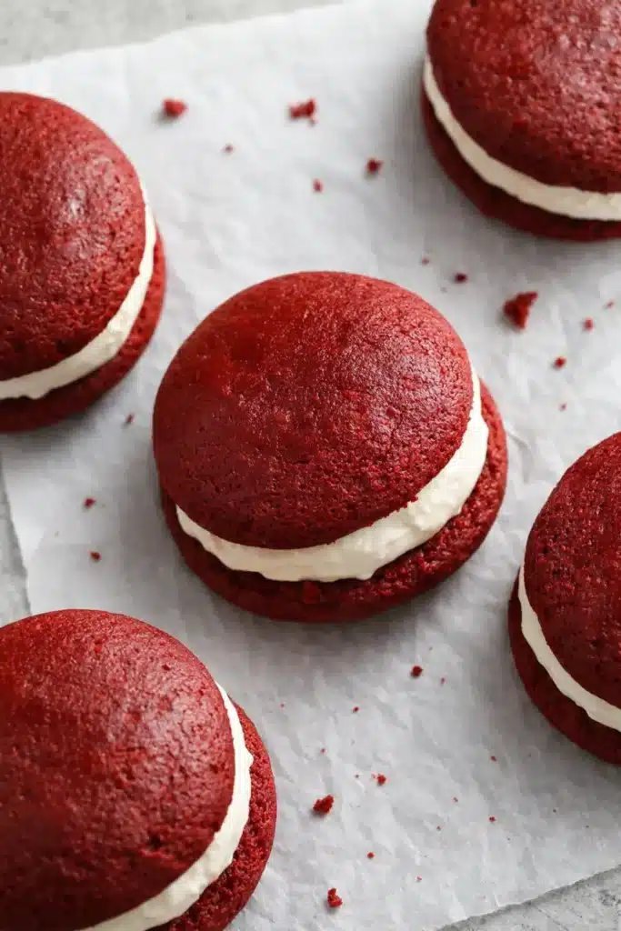 Homemade red velvet whoopie pies with cream cheese frosting filling