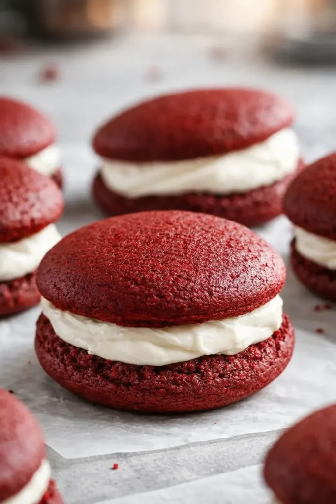 Homemade red velvet whoopie pies with cream cheese filling
