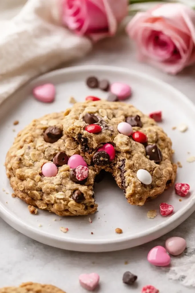 Chewy Valentine’s Day oatmeal cookie with chocolate and pink candies on white plate