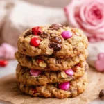 Stack of Valentines Day oatmeal cookies with chocolate chips and pink candies