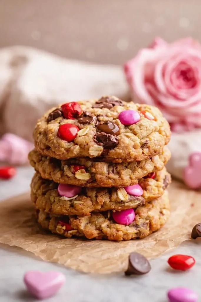 Stack of Valentines Day oatmeal cookies with chocolate chips and pink candies