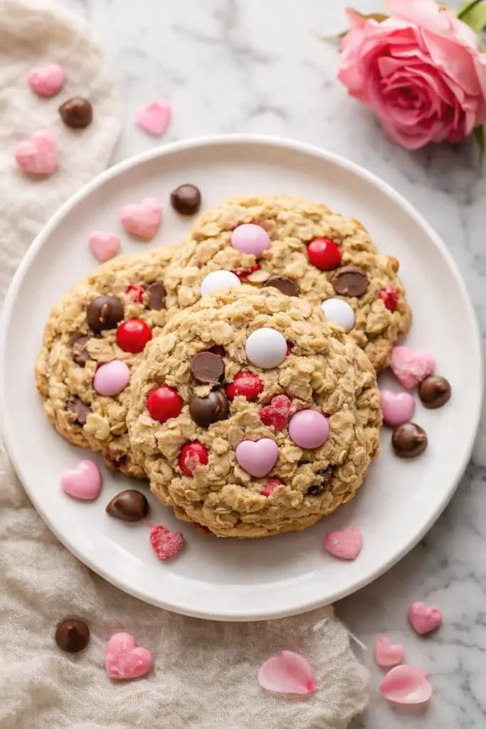 Homemade Valentine’s Day oatmeal cookies with chocolate chips and pink candy hearts
