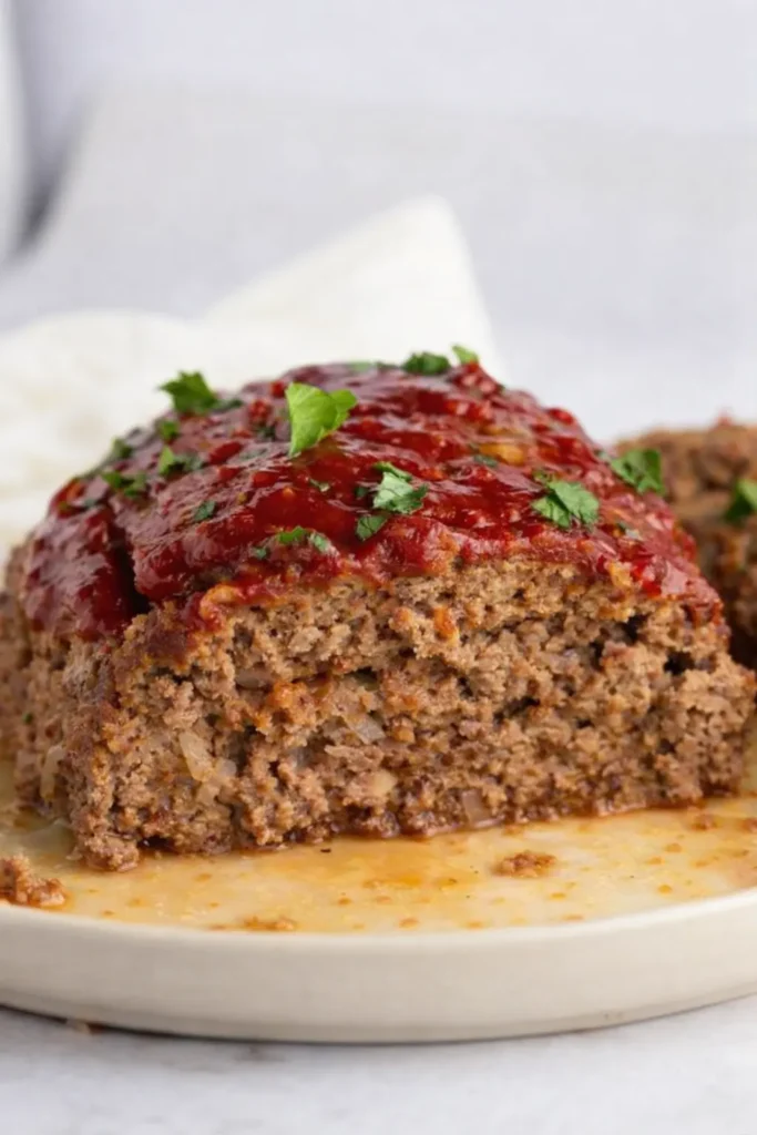 Juicy Ina Garten’s meatloaf with glossy ketchup glaze on cream plate