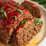 Close-up of juicy sliced meatloaf with ketchup glaze and parsley on a plate