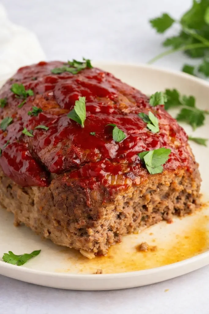 Juicy baked meatloaf with ketchup glaze and parsley on a cream plate