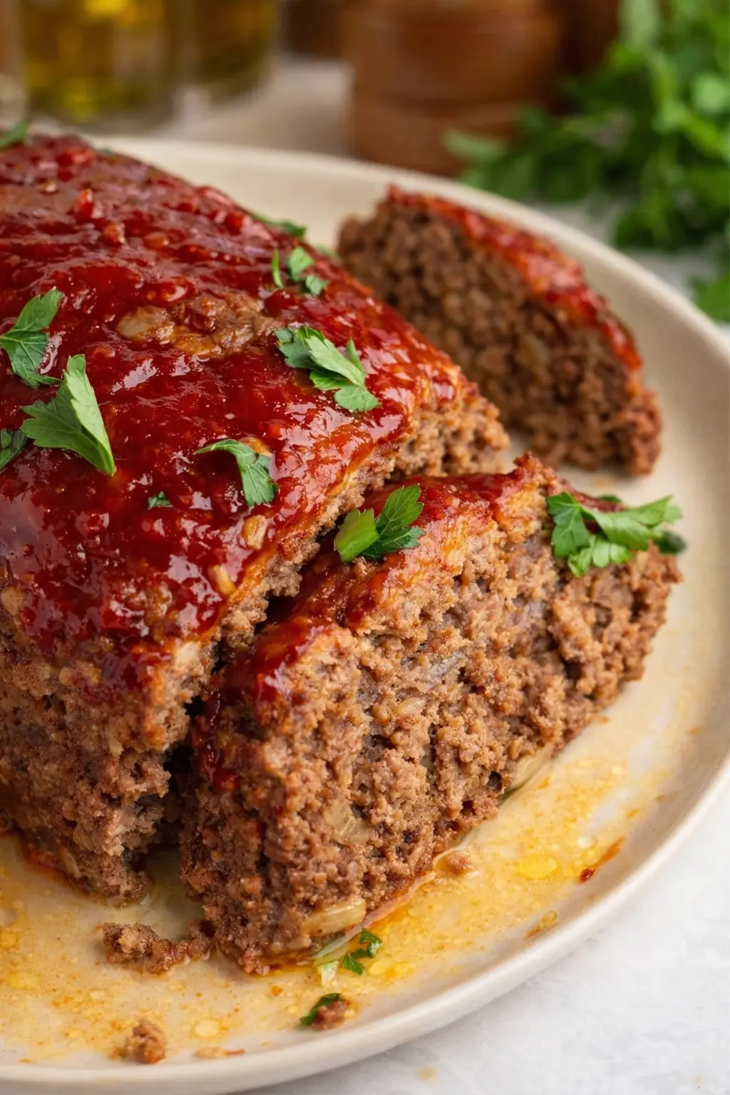 Close-up of juicy sliced meatloaf with ketchup glaze and parsley on a plate