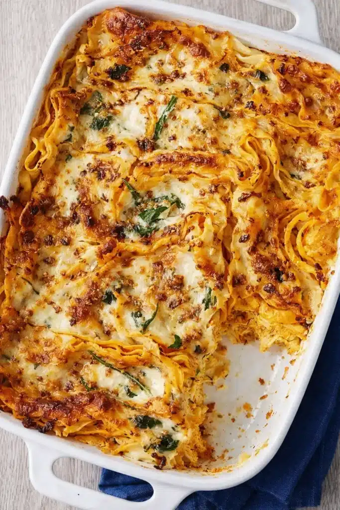 Golden Italian butternut squash and spinach lasagna baked with cheese