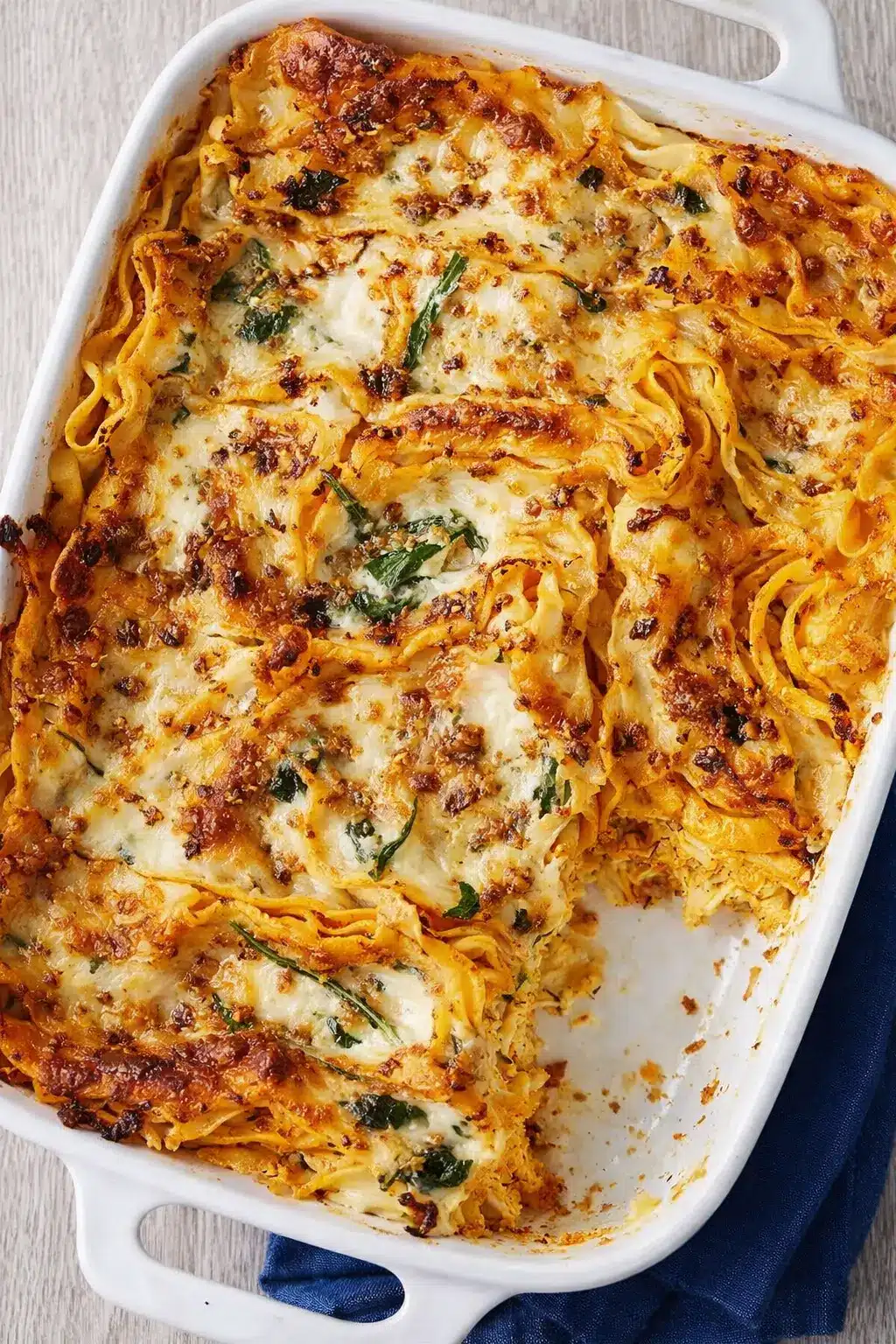 Golden Italian butternut squash and spinach lasagna baked with cheese