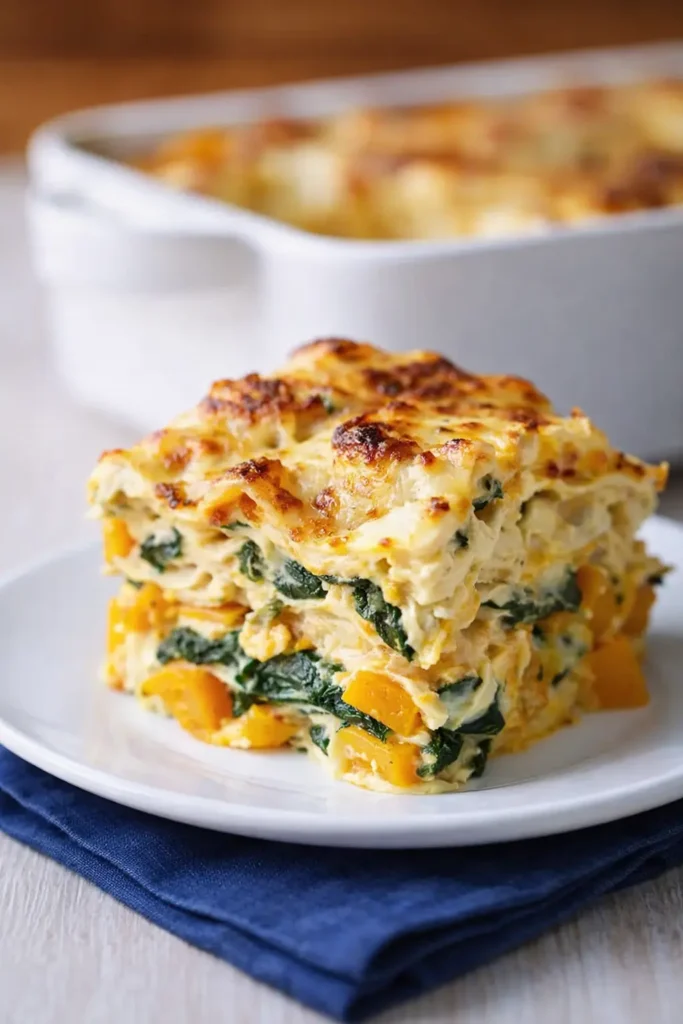 Plated Italian butternut squash and spinach lasagna on blue napkin