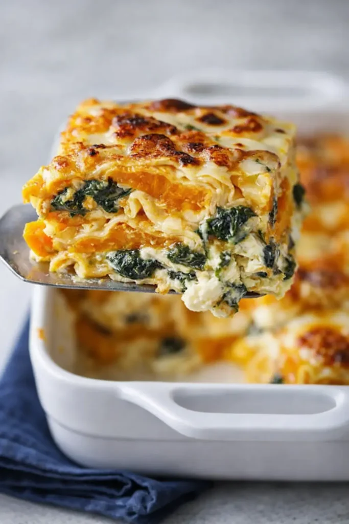 Golden Italian butternut squash and spinach lasagna slice lifted from dish