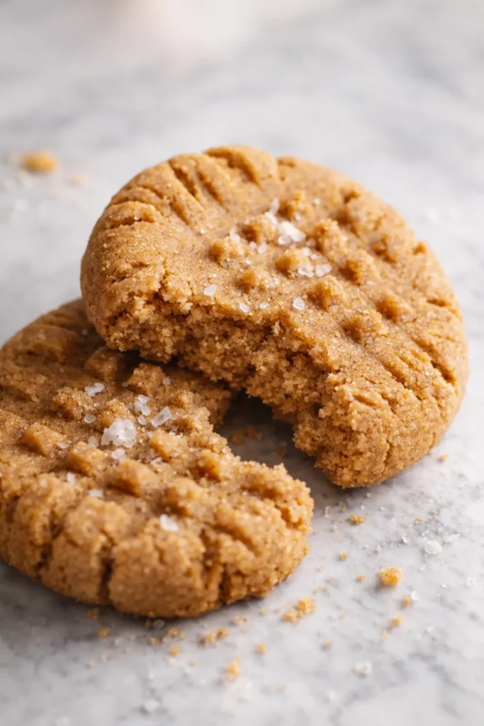 Soft sugar free almond flour peanut butter cookie broken on marble surface