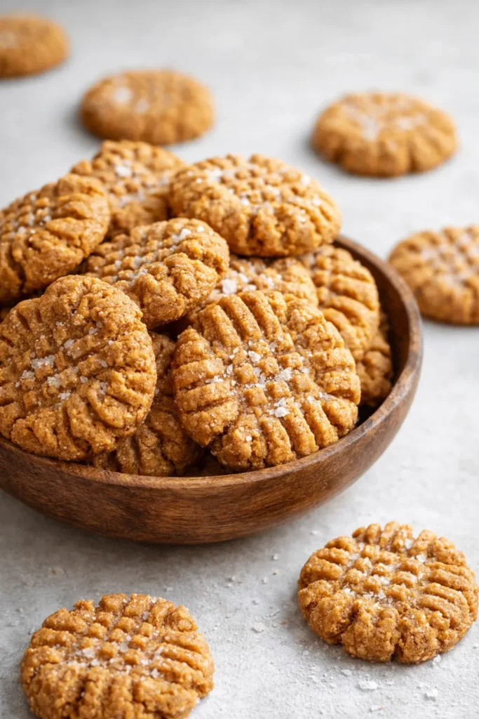 Bowl of low calorie sugar free almond flour peanut butter cookies on marble
