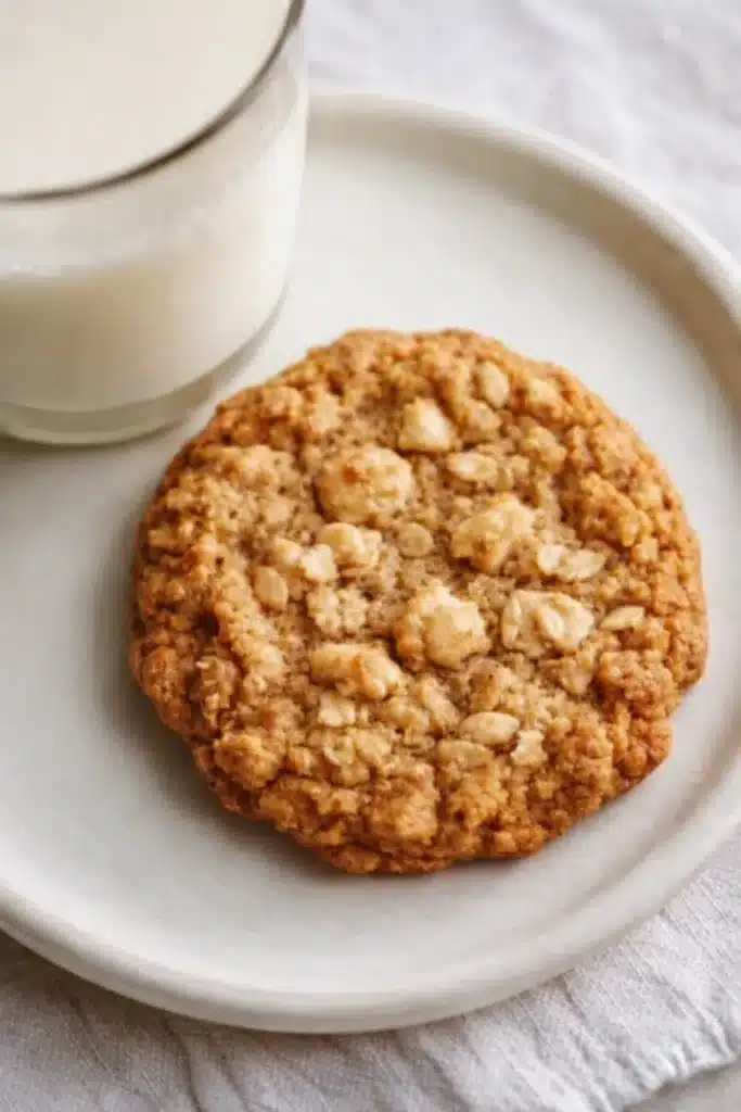 Low sugar applesauce oatmeal cookie with milk on a white plate