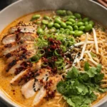Creamy Marry Me Chicken Ramen with seared chicken, edamame, and chili oil