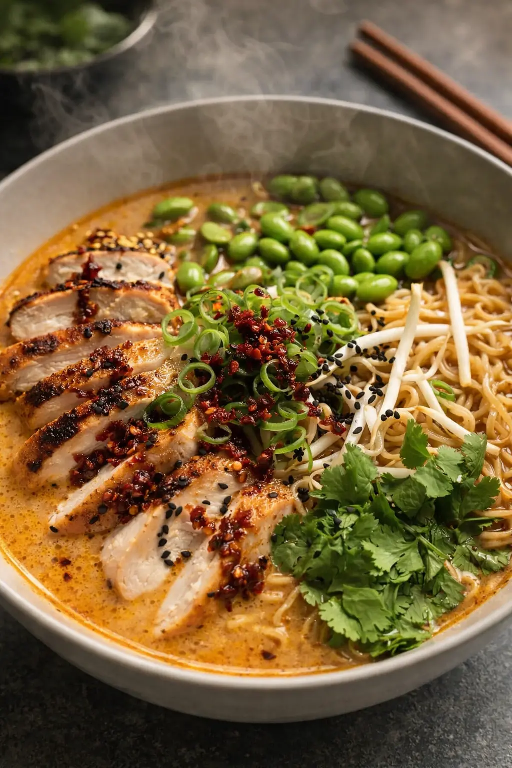 Creamy Marry Me Chicken Ramen with seared chicken, edamame, and chili oil